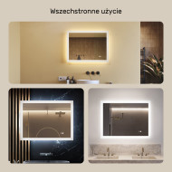 80x60 cm Prostokątne lustro łazienkowe LED 80x60cm z Dual color, Włącznik dotykowy, Mata grzewcza