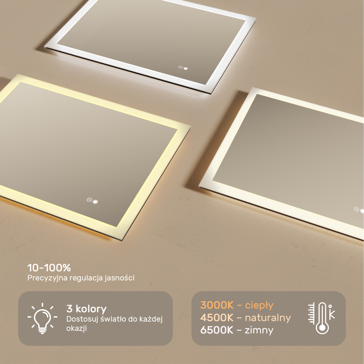 80x60 cm Prostokątne lustro łazienkowe LED 80x60cm z Dual color, Włącznik dotykowy, Mata grzewcza