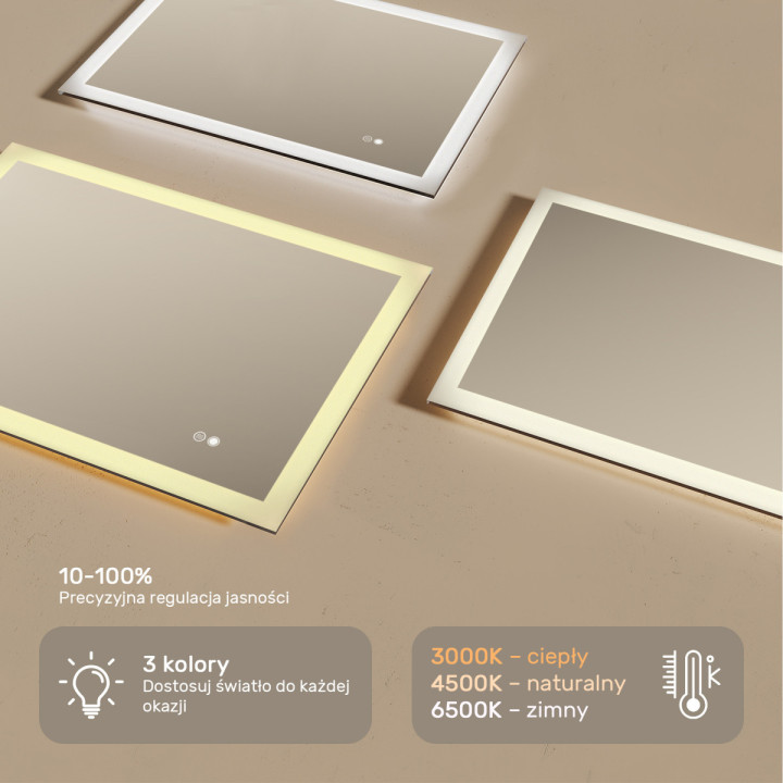 100x70 cm Prostokątne lustro do łazienki z oświetleniem LED 100x70cm z Dual color, Włącznik dotykowy, Mata grzewcza