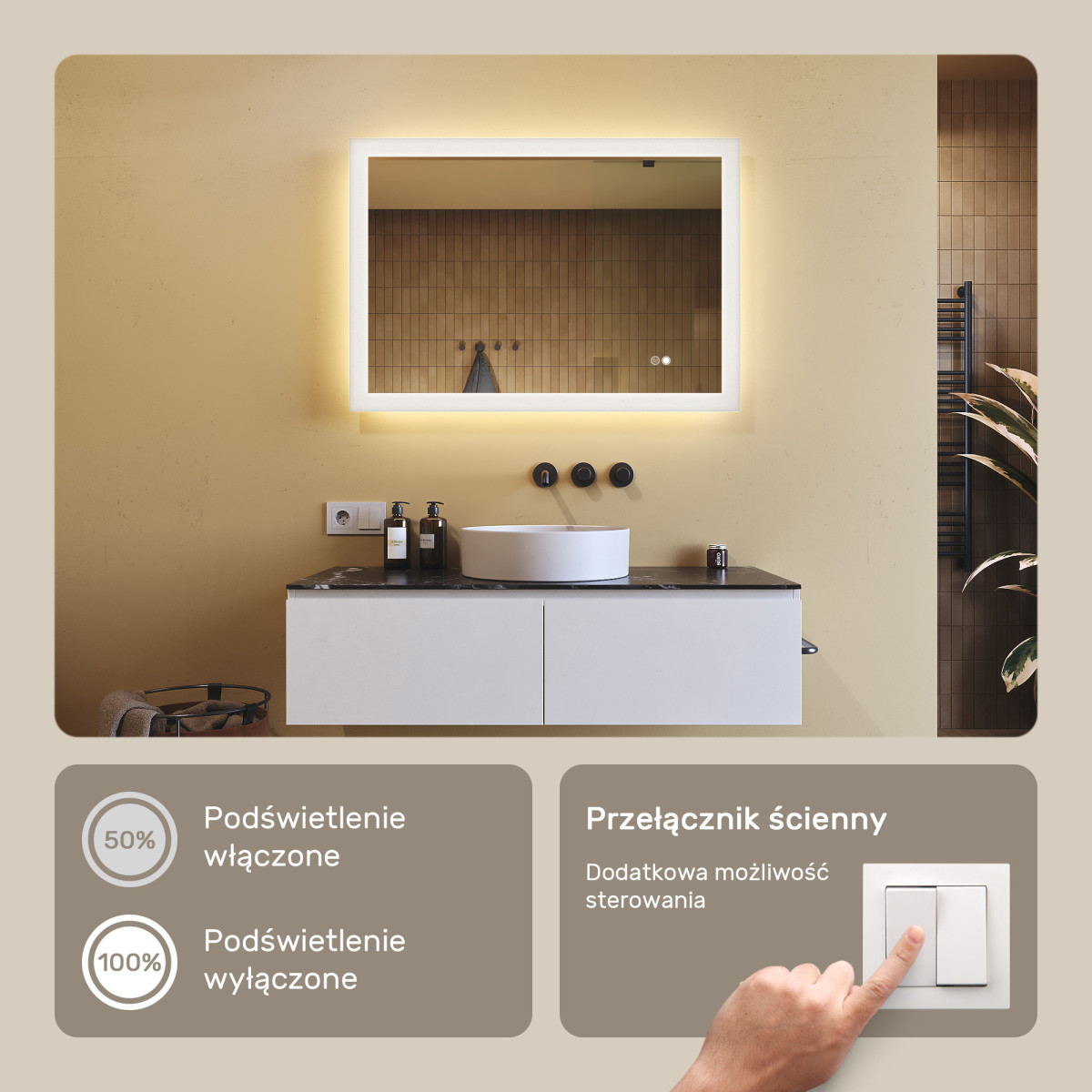 100x70 cm Prostokątne lustro do łazienki z oświetleniem LED 100x70cm z Dual color, Włącznik dotykowy, Mata grzewcza