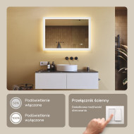 100x70 cm Prostokątne lustro do łazienki z oświetleniem LED 100x70cm z Dual color, Włącznik dotykowy, Mata grzewcza
