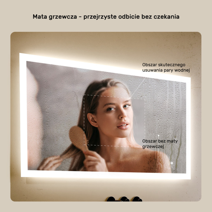 100x70 cm Prostokątne lustro do łazienki z oświetleniem LED 100x70cm z Dual color, Włącznik dotykowy, Mata grzewcza