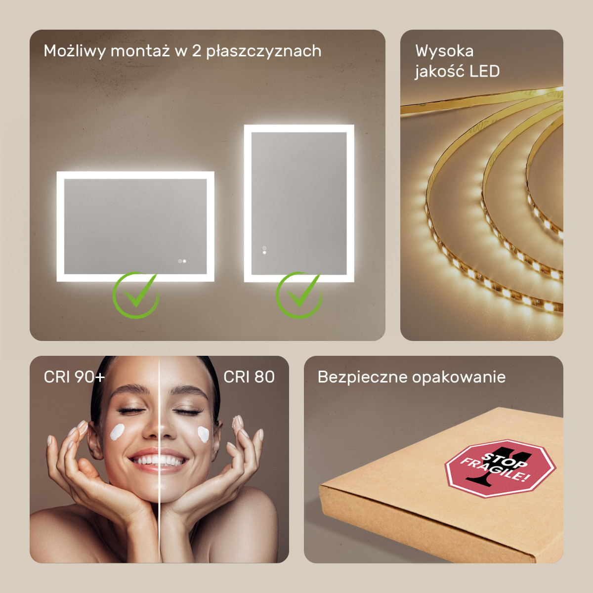 100x70 cm Prostokątne lustro do łazienki z oświetleniem LED 100x70cm z Dual color, Włącznik dotykowy, Mata grzewcza