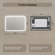 100x70 cm Prostokątne lustro do łazienki z oświetleniem LED 100x70cm z Dual color, Włącznik dotykowy, Mata grzewcza