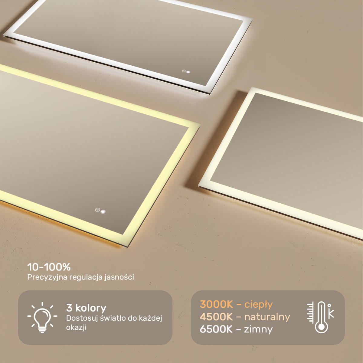 120x70 cm Prostokątne lustro do łazienki podświetlane LED 120x70cm z Dual color, Włącznik dotykowy, Mata grzewcza