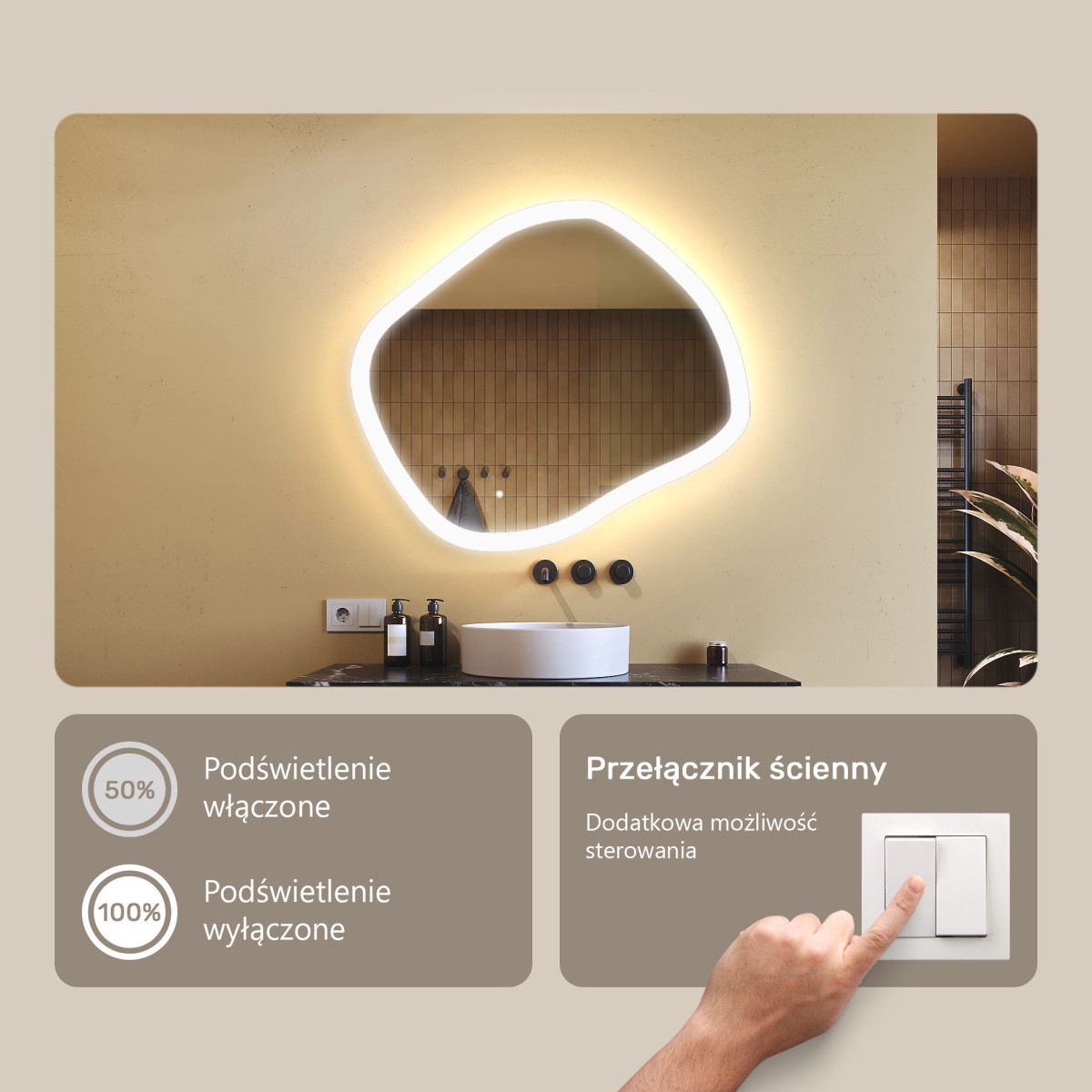 84x74 cm Lustro łazienkowe z oświetleniem, 84x74cm, Dual color, Włącznik dotykowy