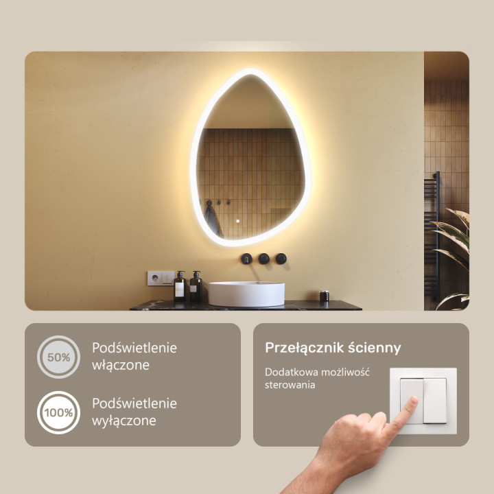 64x94 cm Lustro nieregularne z podświetleniem, 64x94cm, Dual color, Włącznik dotykowy
