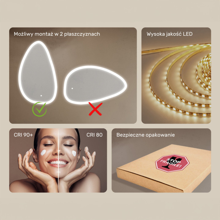 64x104 cm Lustro nieregularne z podświetleniem, 64x104cm, Dual color, Włącznik dotykowy