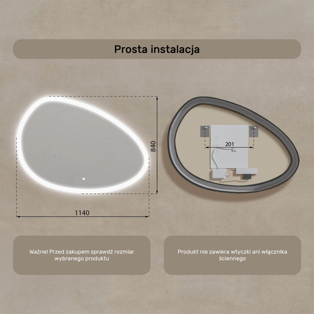 114x84 cm Lustro nieregularne z podświetleniem, 114x84cm, Dual color, Włącznik dotykowy