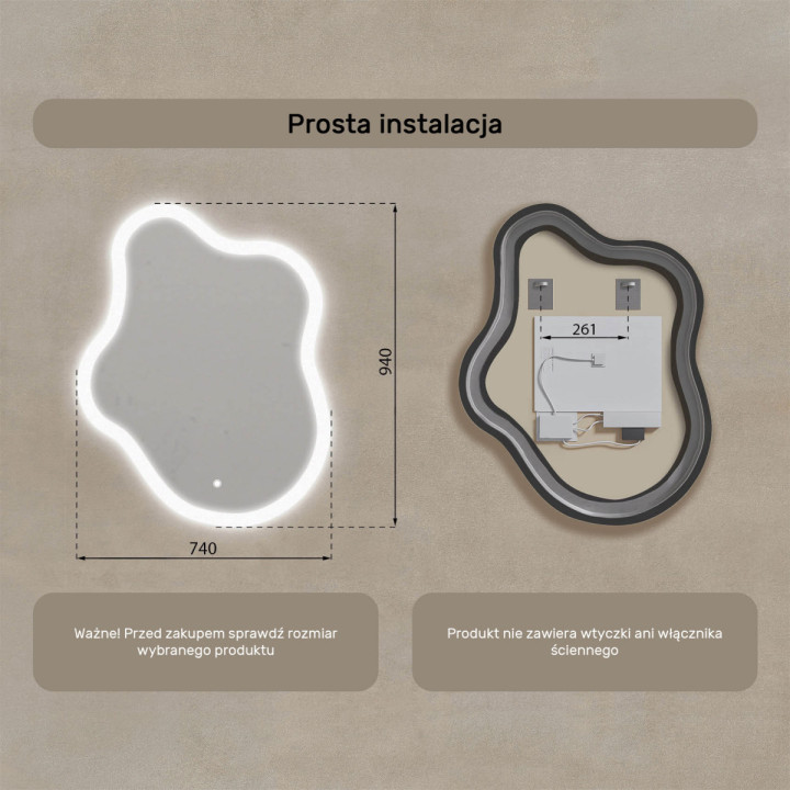 74x94 cm Lustro nieregularne z podświetleniem, 74x94cm, Dual color, Włącznik dotykowy