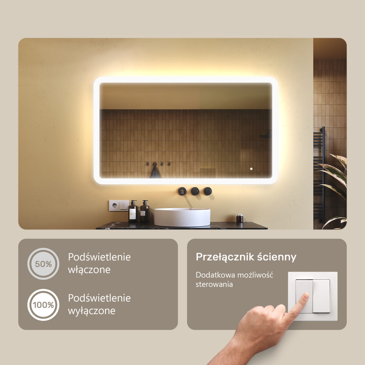 120x70 cm Zaokrąglone lustro do łazienki z oświetlenim LED, 120x70cm, Dual color, Włącznik dotykowy