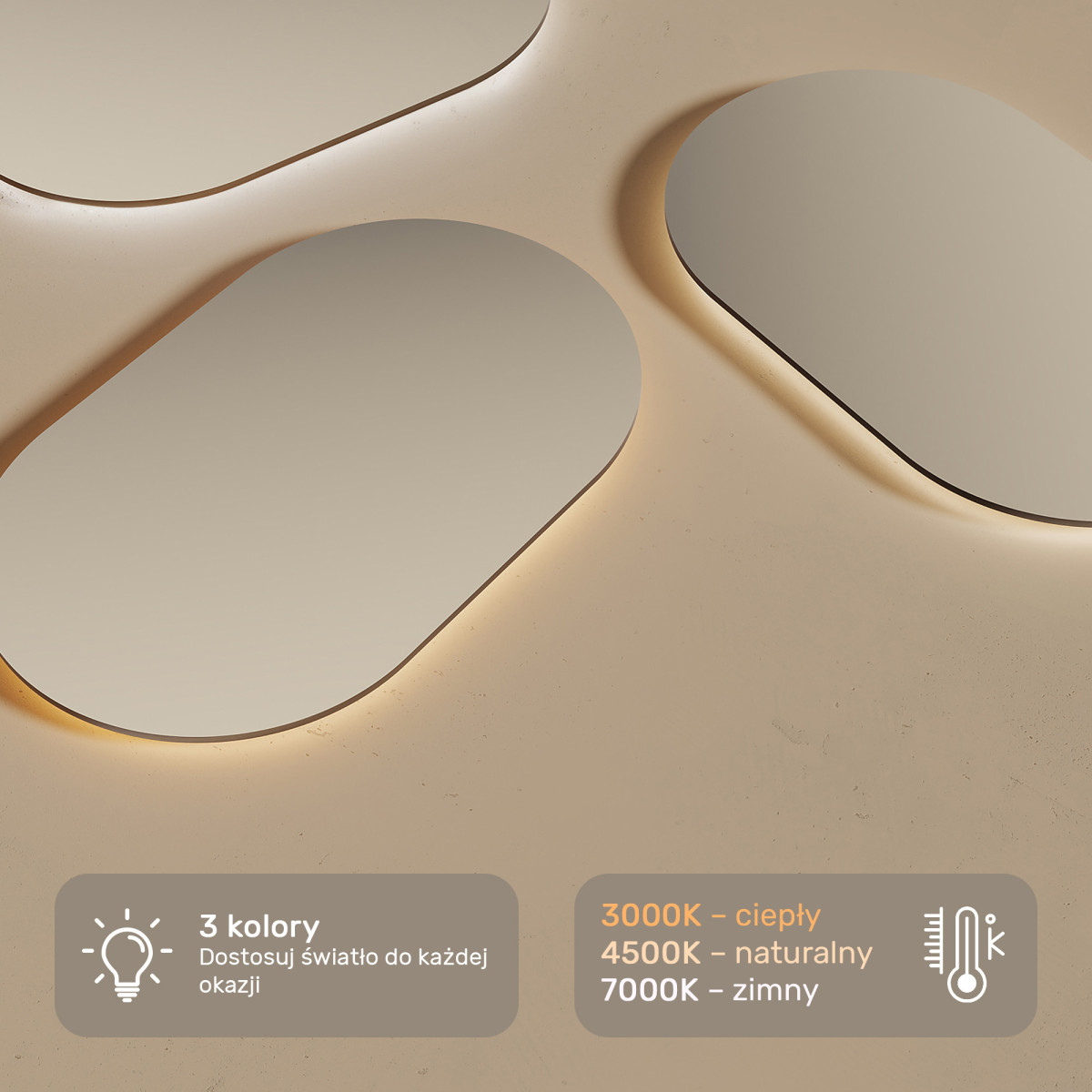 80x50 cm Podświetlane lustro do łazienki, 80x50cm, Dual color, Włącznik dotykowy