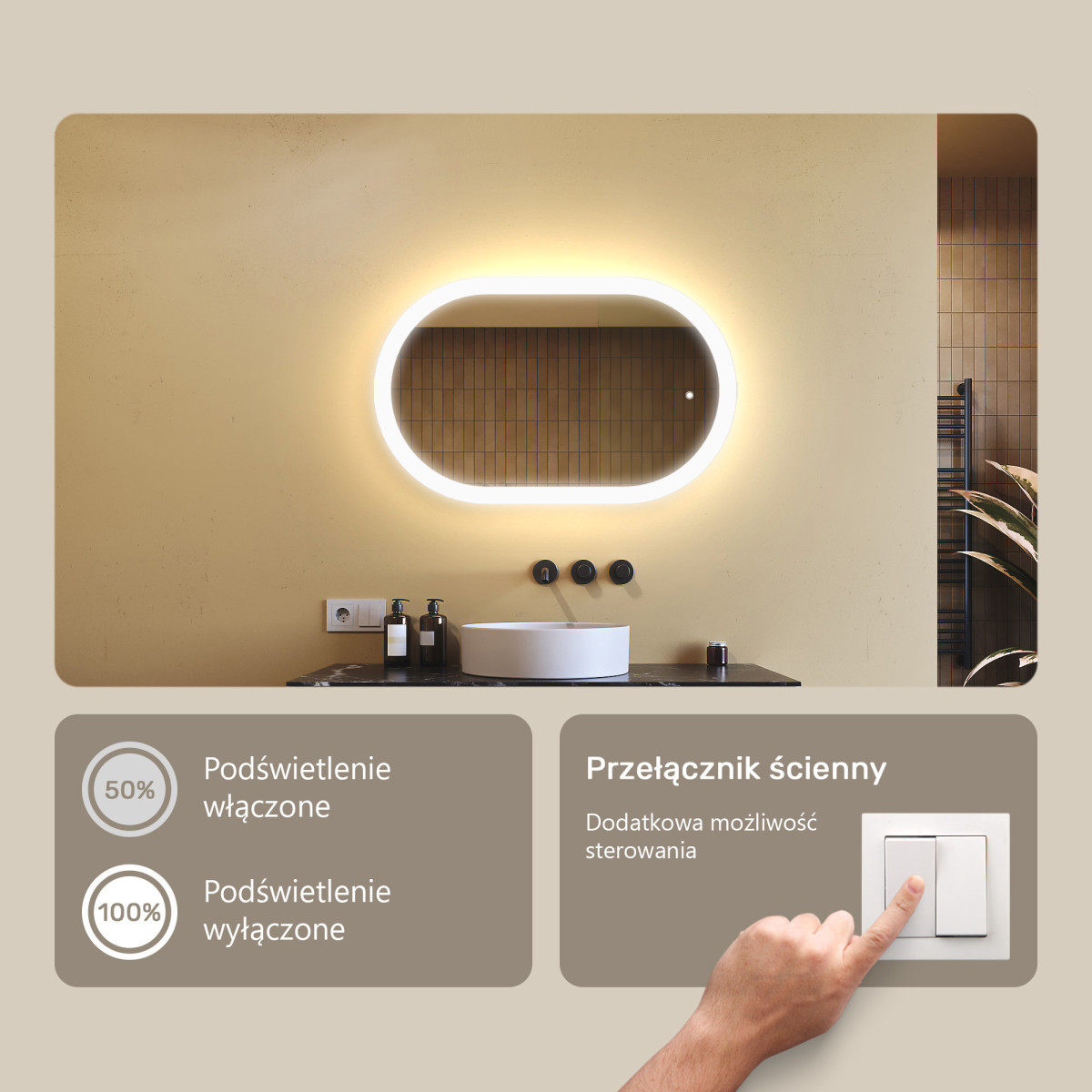 80x50 cm Podświetlane lustro do łazienki, 80x50cm, Dual color, Włącznik dotykowy