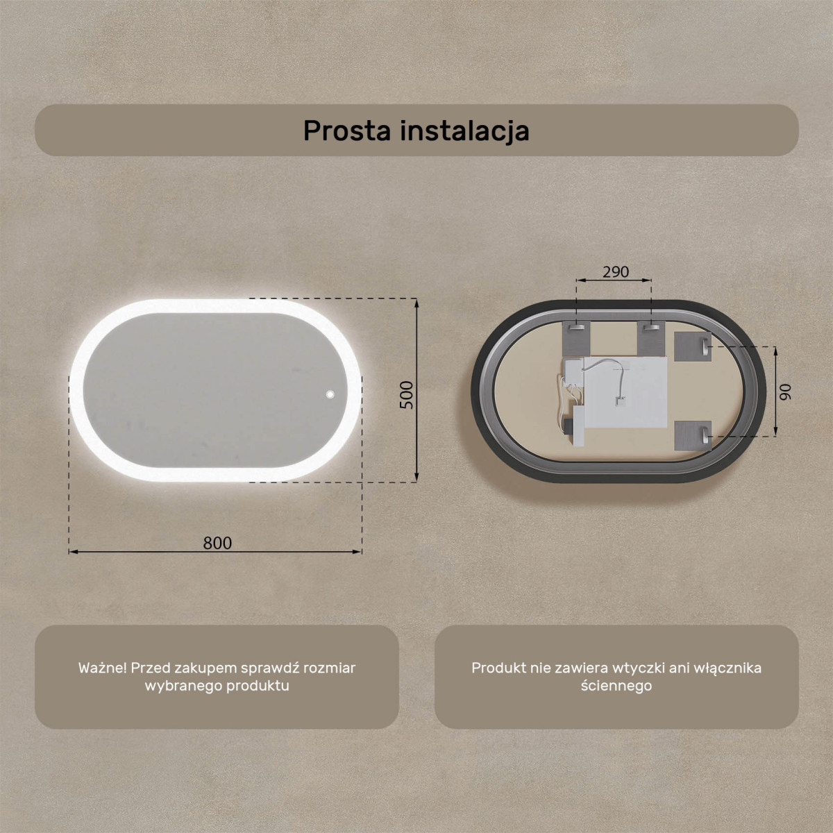 80x50 cm Podświetlane lustro do łazienki, 80x50cm, Dual color, Włącznik dotykowy