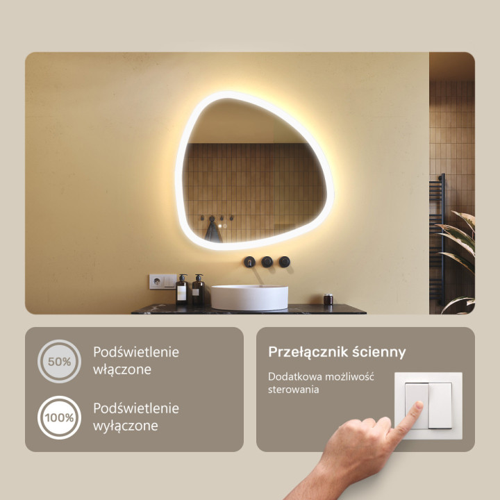 84x84 cm Lustro nieregularne z podświetleniem, 84x84cm, Dual color, Włącznik dotykowy, Mata grzewcza