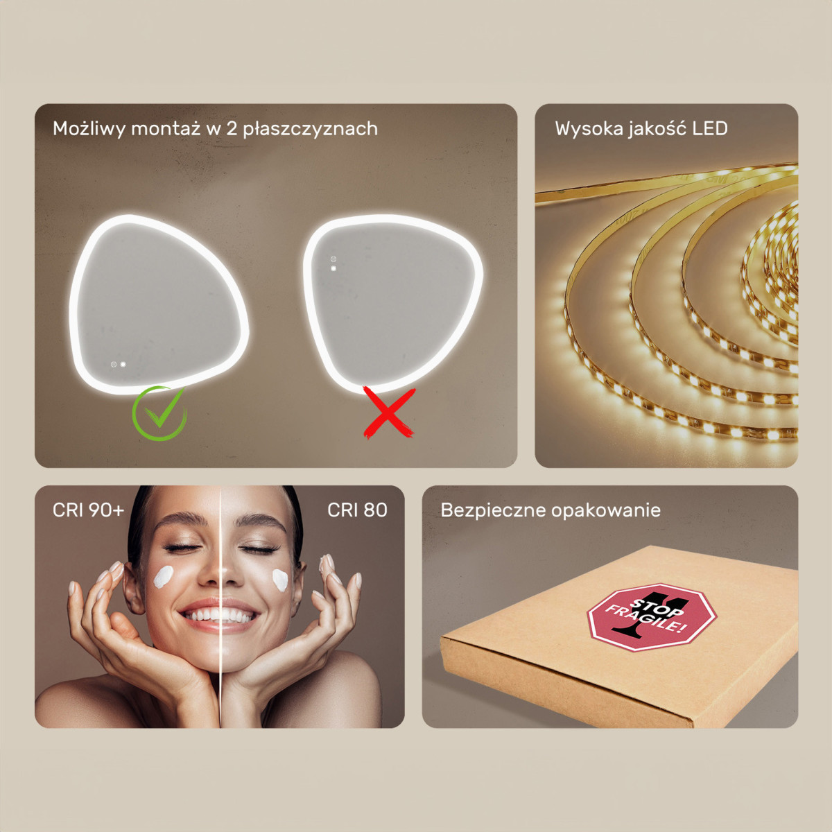 84x84 cm Lustro nieregularne z podświetleniem, 84x84cm, Dual color, Włącznik dotykowy, Mata grzewcza