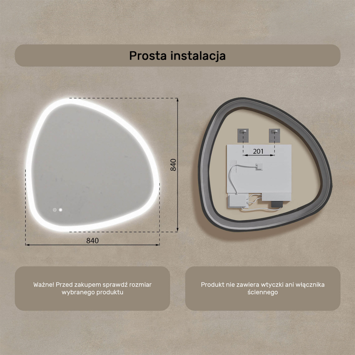 84x84 cm Lustro nieregularne z podświetleniem, 84x84cm, Dual color, Włącznik dotykowy, Mata grzewcza