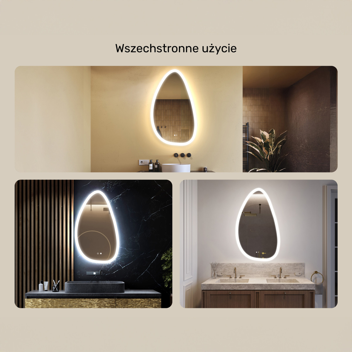 64x104 cm Lustro nieregularne z podświetleniem, 64x104cm, Dual color, Włącznik dotykowy, Mata grzewcza