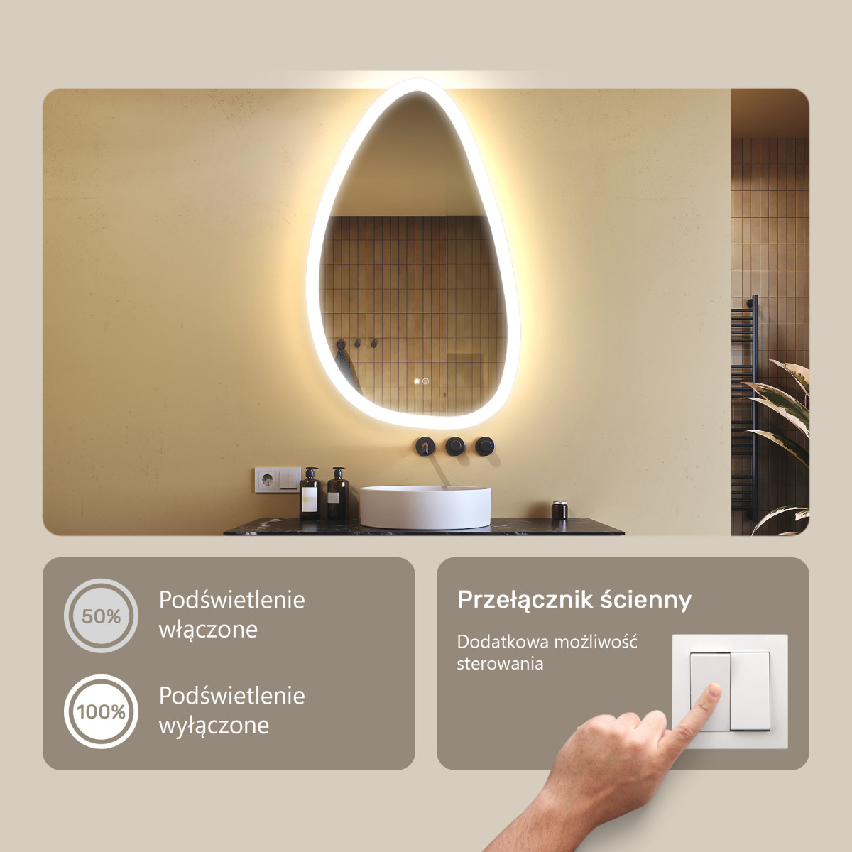 64x104 cm Lustro nieregularne z podświetleniem, 64x104cm, Dual color, Włącznik dotykowy, Mata grzewcza