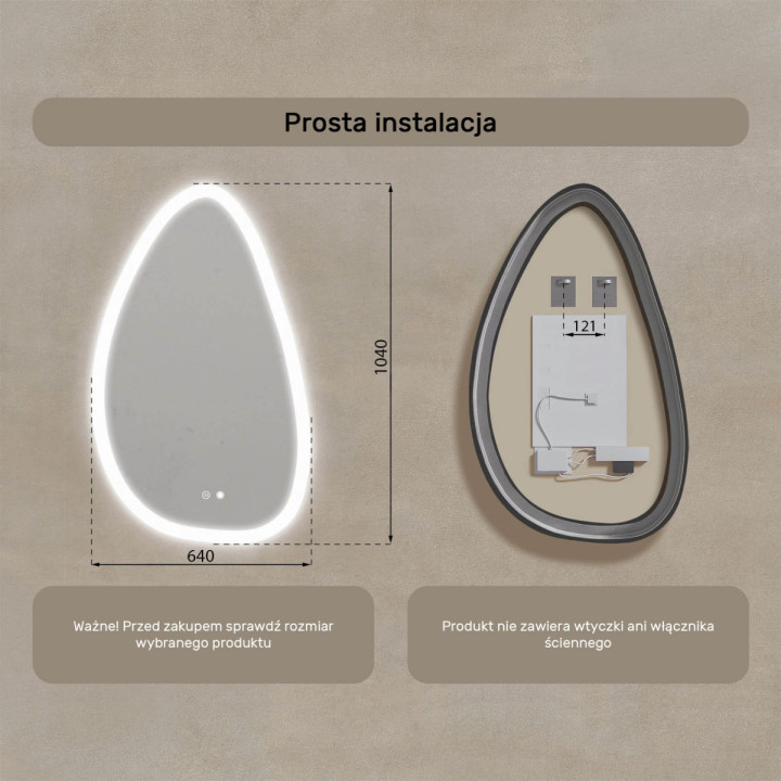 64x104 cm Lustro nieregularne z podświetleniem, 64x104cm, Dual color, Włącznik dotykowy, Mata grzewcza