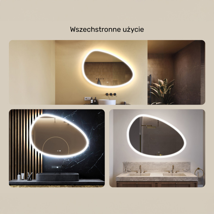 114x84 cm Lustro nieregularne z podświetleniem, 114x84cm, Dual color, Włącznik dotykowy, Mata grzewcza