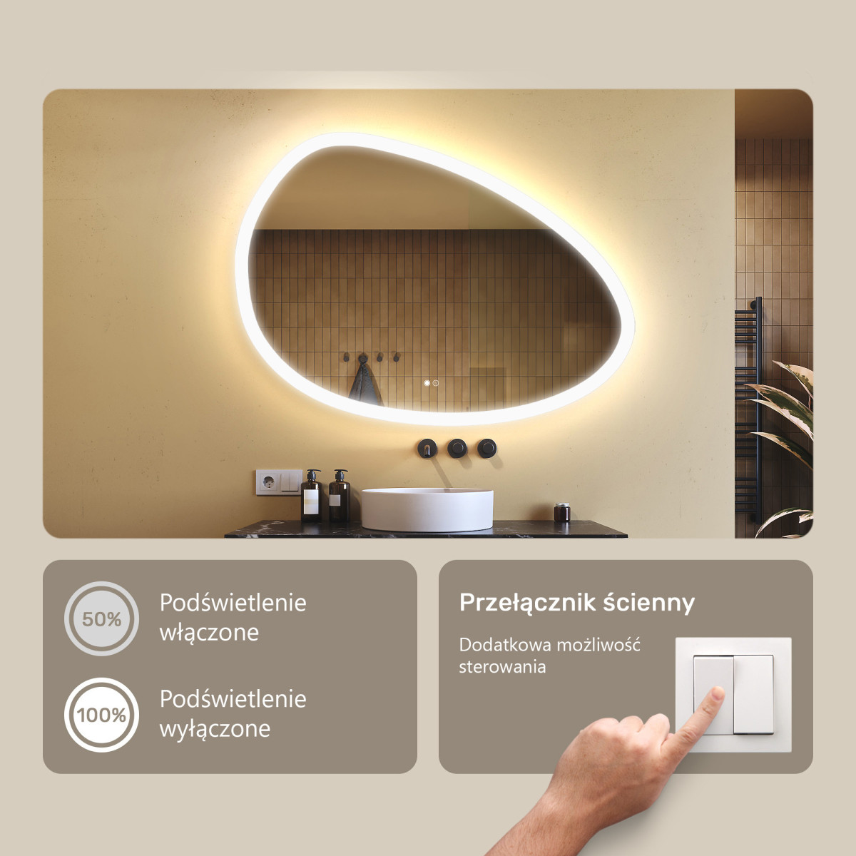 114x84 cm Lustro nieregularne z podświetleniem, 114x84cm, Dual color, Włącznik dotykowy, Mata grzewcza