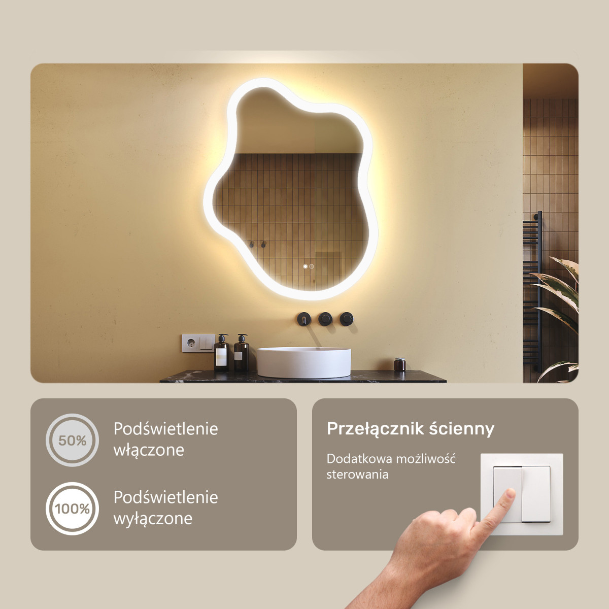 74x94 cm Lustro nieregularne z podświetleniem, 74x94cm, Dual color, Włącznik dotykowy, Mata grzewcza