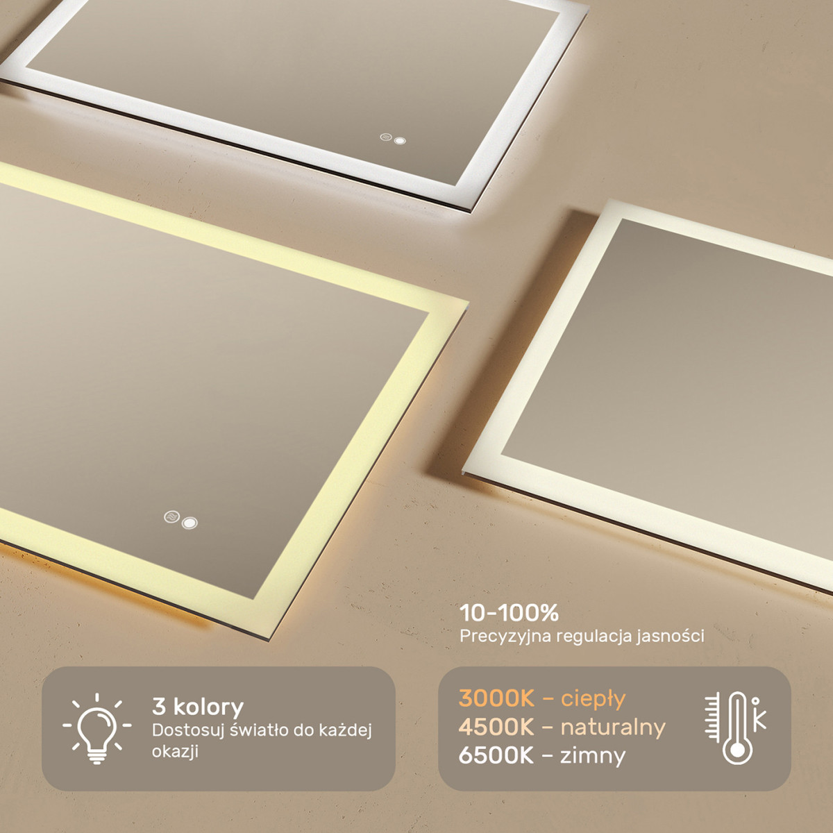 80x60 cm Zaokrąglone lustro do łazienki z oświetlenim LED, 80x60cm, Dual color, Włącznik dotykowy, Mata grzewcza