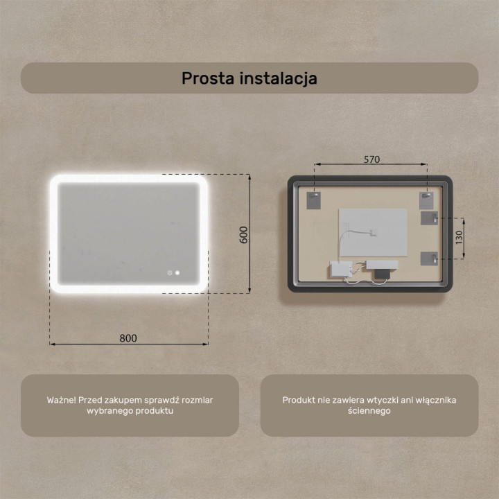 80x60 cm Zaokrąglone lustro do łazienki z oświetlenim LED, 80x60cm, Dual color, Włącznik dotykowy, Mata grzewcza