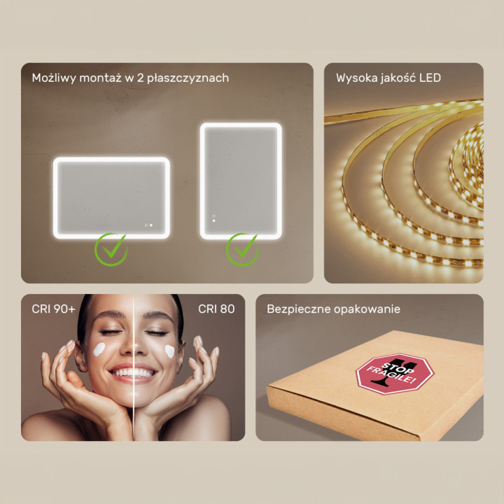 100x70 cm Zaokrąglone lustro do łazienki z oświetlenim LED, 100x70cm, Dual color, Włącznik dotykowy, Mata grzewcza