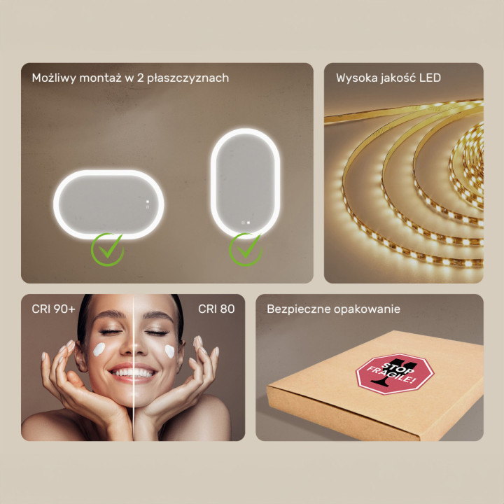 80x50 cm Podświetlane lustro do łazienki, 80x50cm, Dual color, Włącznik dotykowy, Mata grzewcza