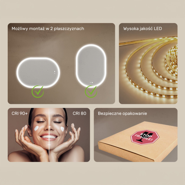 100x70 cm Podświetlane lustro do łazienki, 100x70cm, Dual color, Włącznik dotykowy, Mata grzewcza