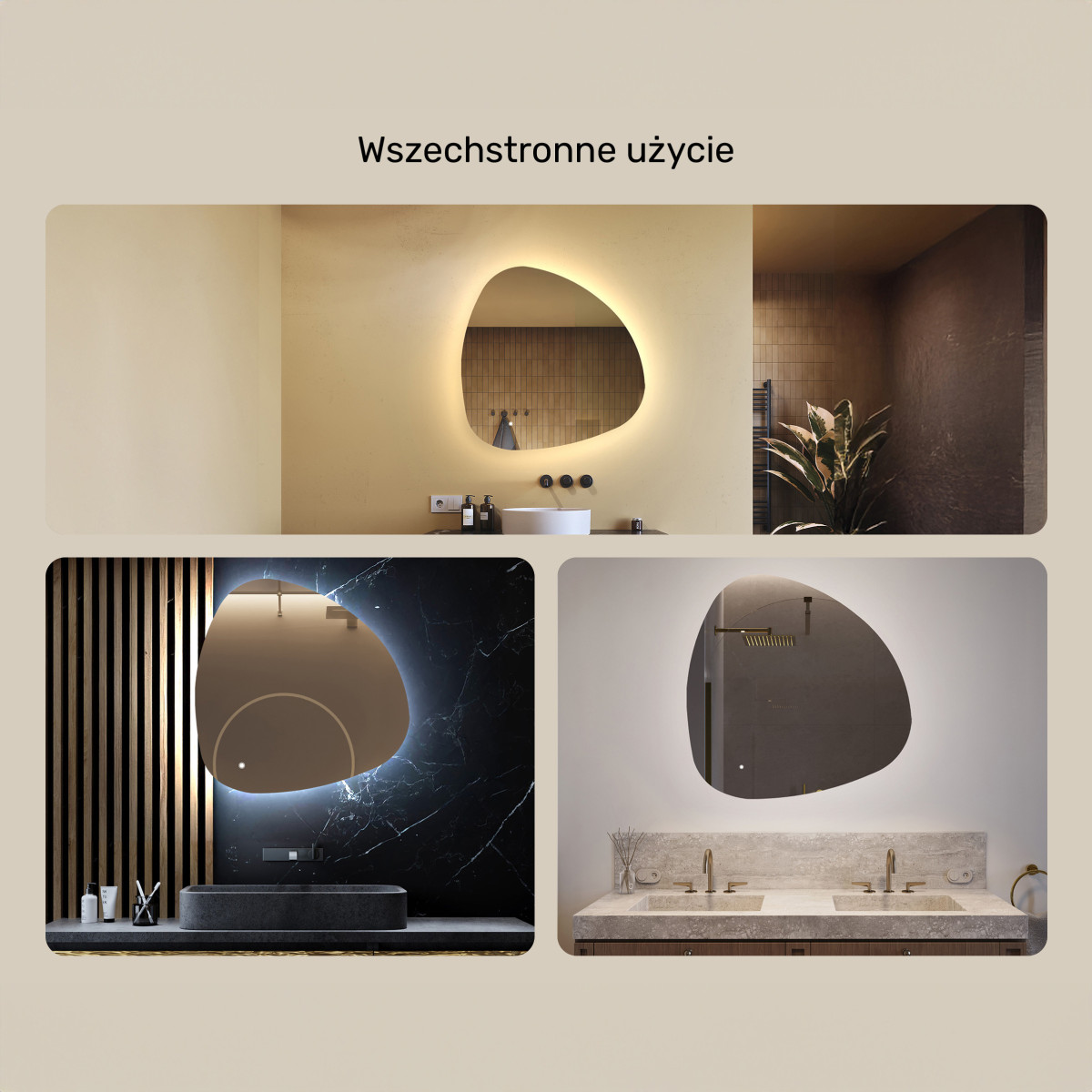 84x84 cm Lustro nieregularne z podświetleniem, 84x84cm, Dual color, Włącznik dotykowy