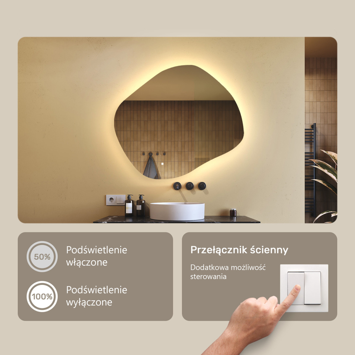 84x74 cm Lustro łazienkowe z oświetleniem, 84x74cm, Dual color, Włącznik dotykowy