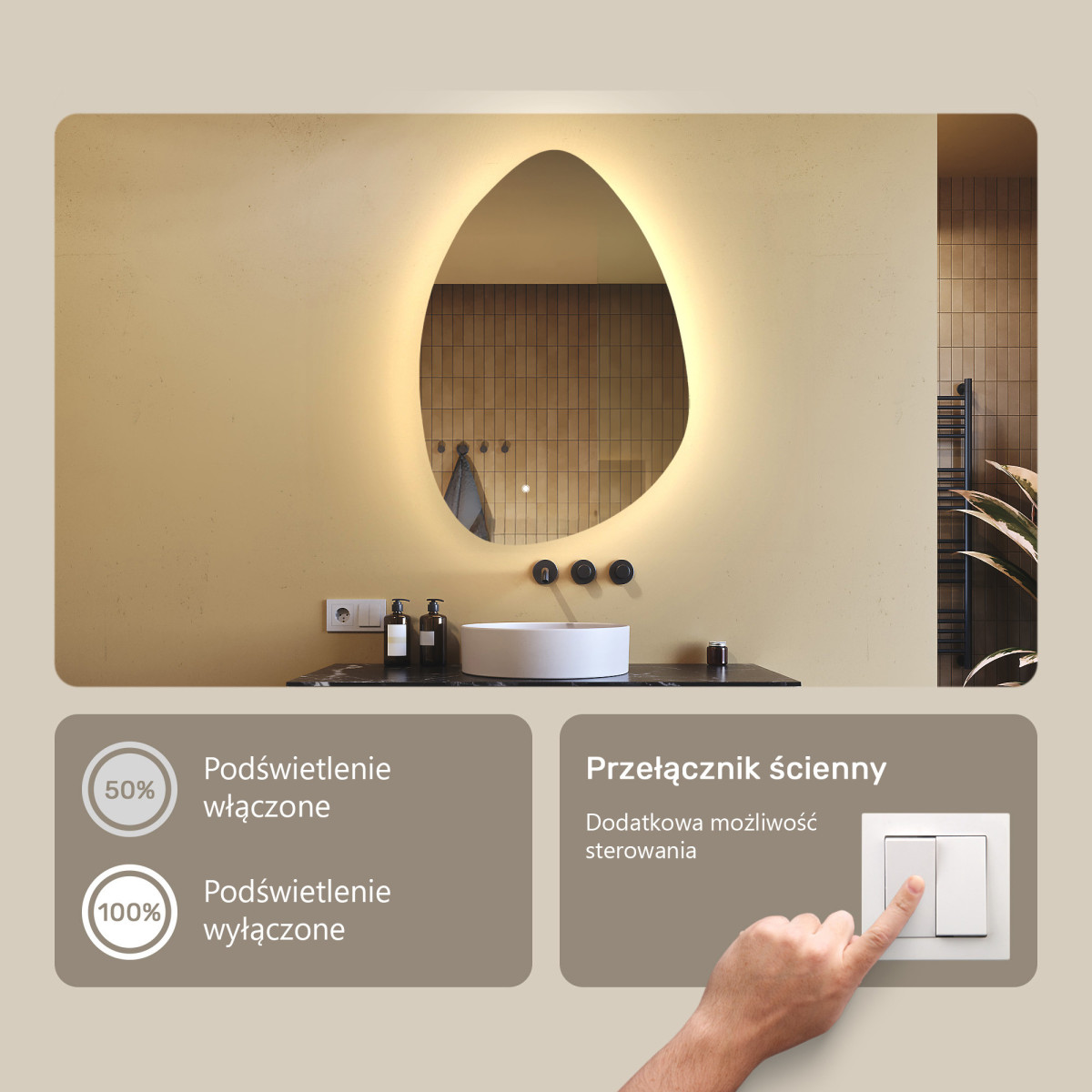 64x94 cm Lustro nieregularne z podświetleniem, 64x94cm, Dual color, Włącznik dotykowy