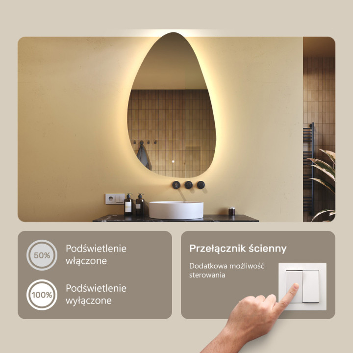 64x104 cm Lustro nieregularne z podświetleniem, 64x104cm, Dual color, Włącznik dotykowy