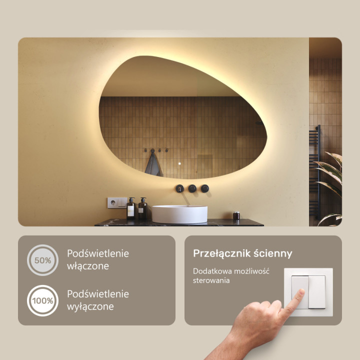 114x84 cm Lustro nieregularne z podświetleniem, 114x84cm, Dual color, Włącznik dotykowy