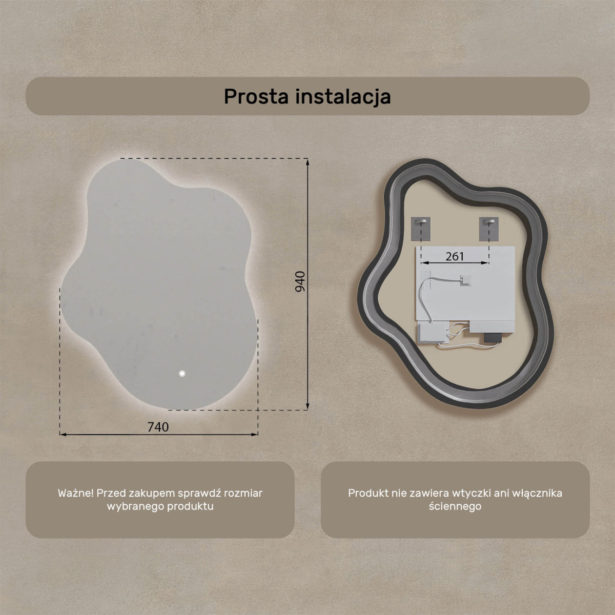 74x94 cm Lustro nieregularne z podświetleniem, 74x94cm, Dual color, Włącznik dotykowy