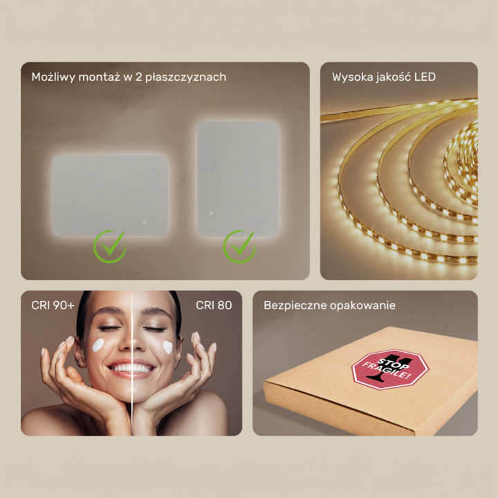 100x70 cm Zaokrąglone lustro do łazienki z oświetlenim LED, 100x70cm, Dual color, Włącznik dotykowy