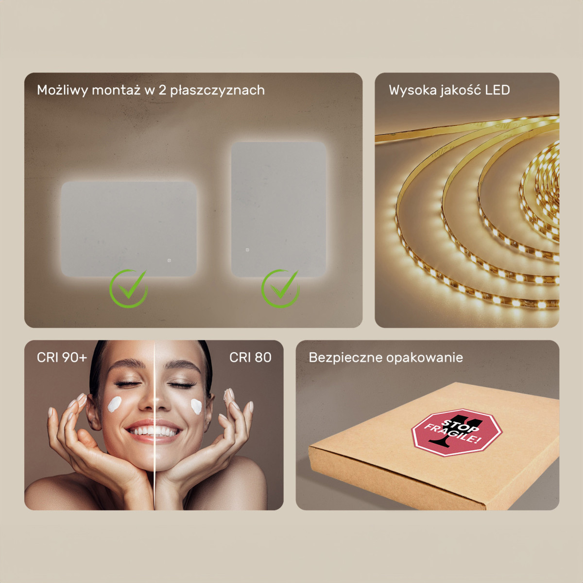 100x70 cm Zaokrąglone lustro do łazienki z oświetlenim LED, 100x70cm, Dual color, Włącznik dotykowy