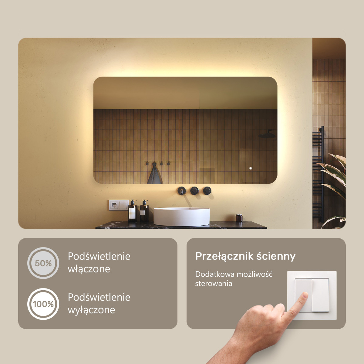 120x70 cm Zaokrąglone lustro do łazienki z oświetlenim LED, 120x70cm, Dual color, Włącznik dotykowy