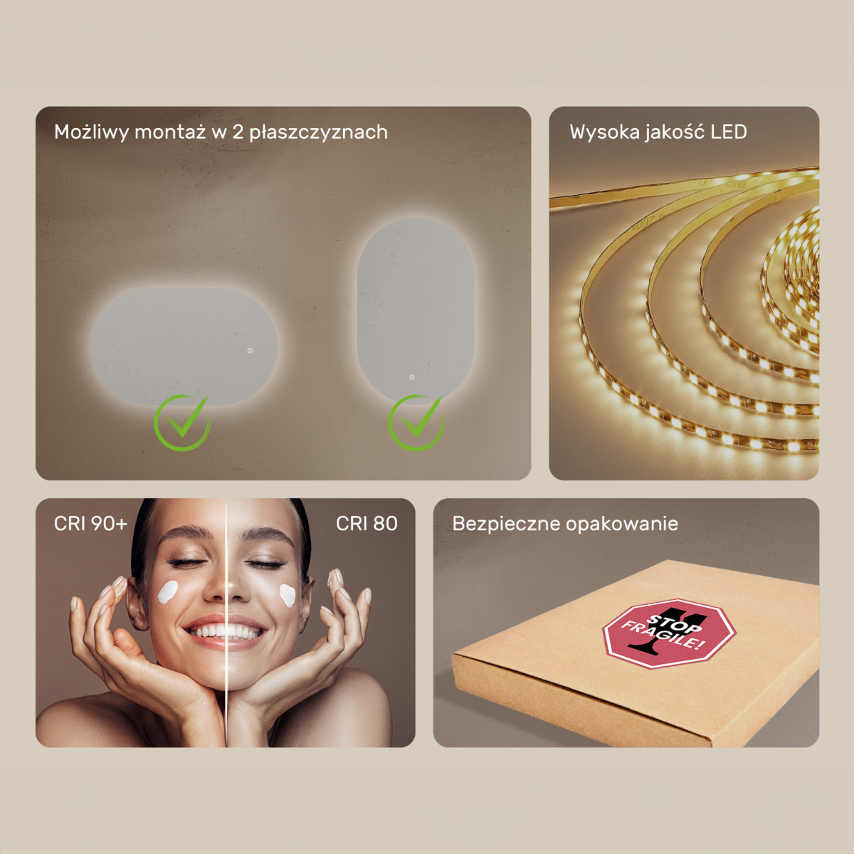 80x50 cm Podświetlane lustro do łazienki, 80x50cm, Dual color, Włącznik dotykowy