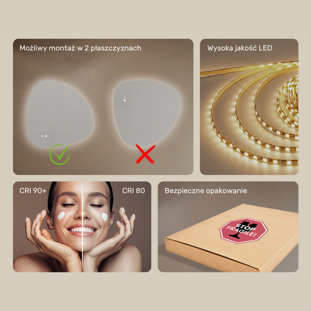 84x84 cm Lustro nieregularne z podświetleniem, 84x84cm, Dual color, Włącznik dotykowy, Mata grzewcza