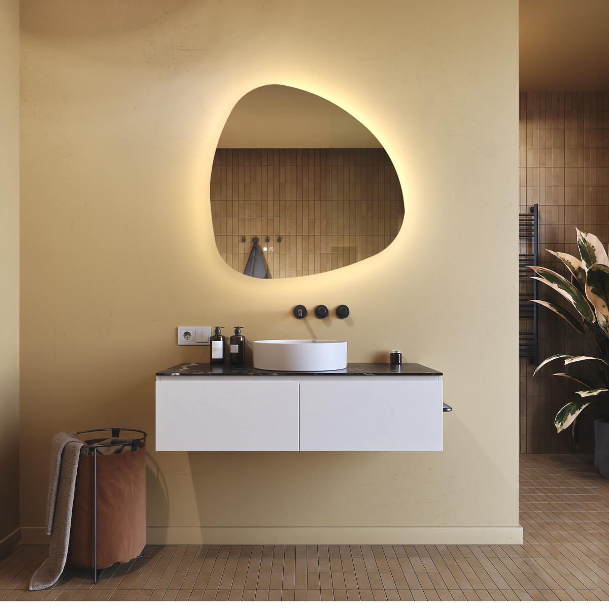 84x84 cm Lustro nieregularne z podświetleniem, 84x84cm, Dual color, Włącznik dotykowy, Mata grzewcza