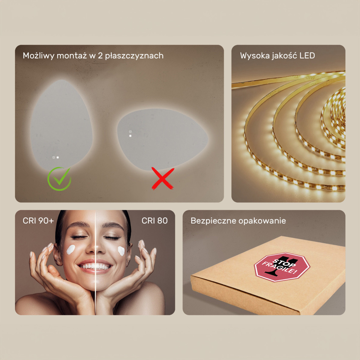 64x94 cm Lustro nieregularne z podświetleniem, 64x94cm, Dual color, Włącznik dotykowy, Mata grzewcza