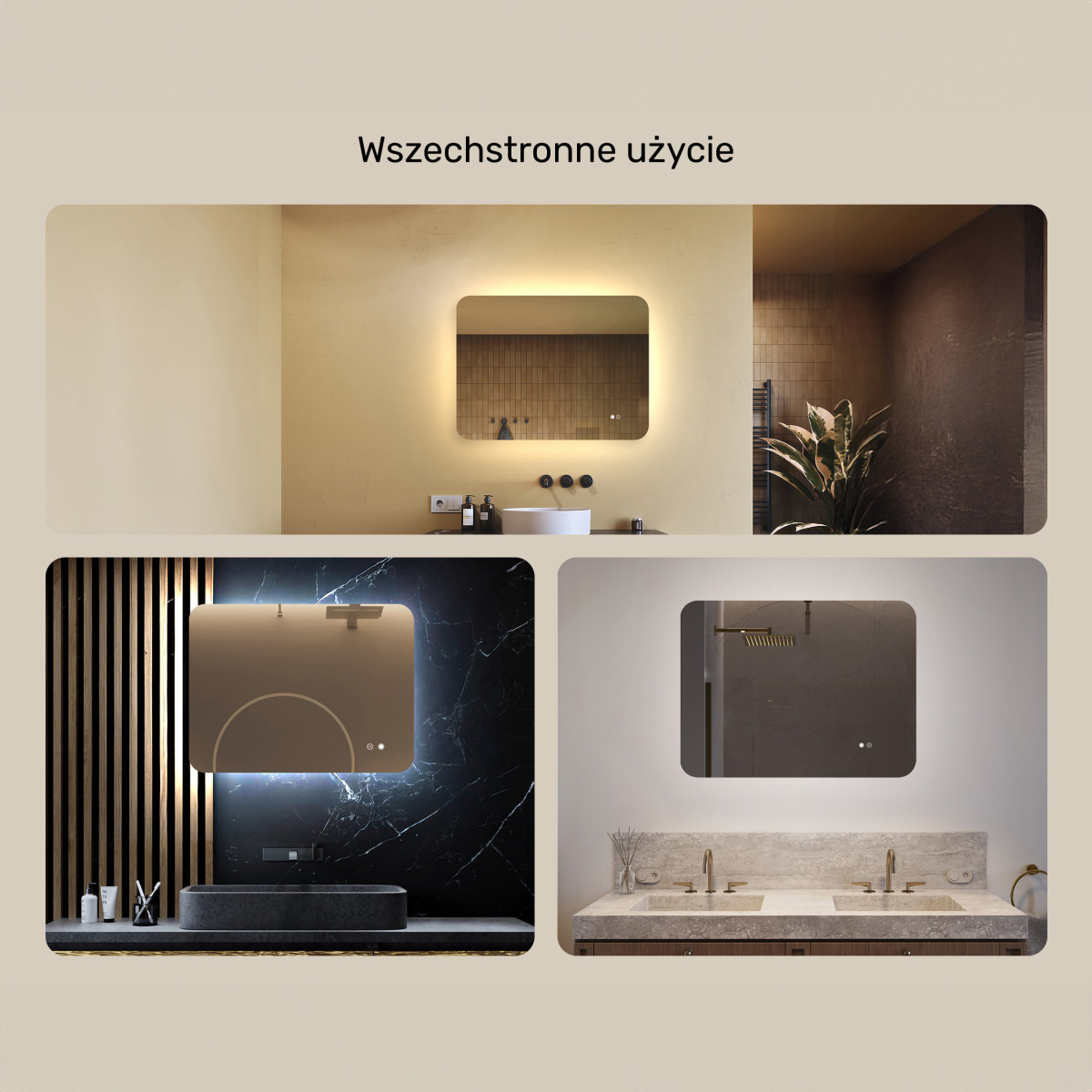 80x60 cm Zaokrąglone lustro do łazienki z oświetlenim LED, 80x60cm, Dual color, Włącznik dotykowy, Mata grzewcza