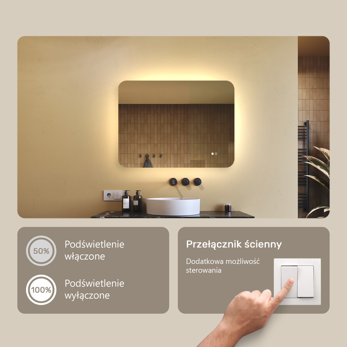 80x60 cm Zaokrąglone lustro do łazienki z oświetlenim LED, 80x60cm, Dual color, Włącznik dotykowy, Mata grzewcza