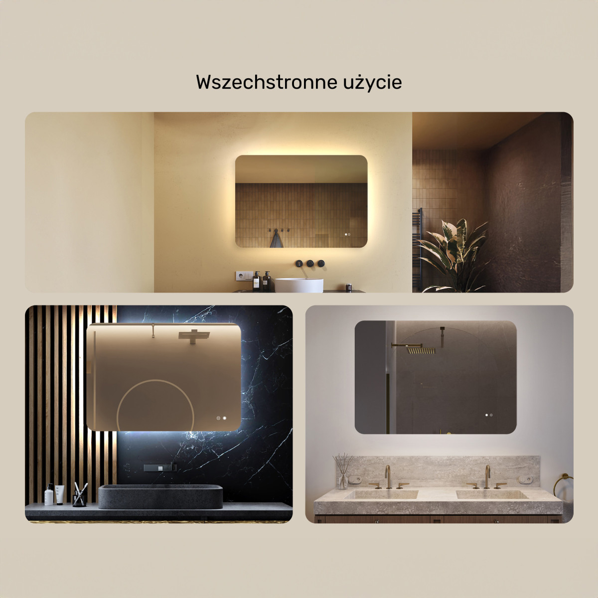 100x70 cm Zaokrąglone lustro do łazienki z oświetlenim LED, 100x70cm, Dual color, Włącznik dotykowy, Mata grzewcza