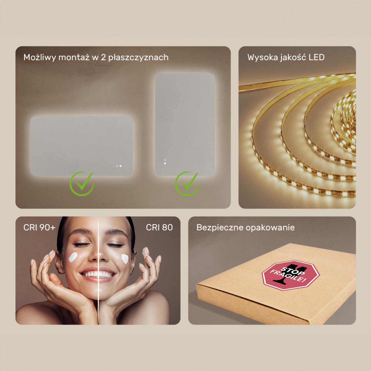 120x70 cm Zaokrąglone lustro do łazienki z oświetlenim LED, 120x70cm, Dual color, Włącznik dotykowy, Mata grzewcza