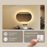 80x50 cm Podświetlane lustro do łazienki, 80x50cm, Dual color, Włącznik dotykowy, Mata grzewcza